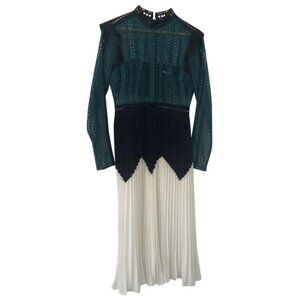 Self-Portrait Panelled Guipure Lace Pleated Midi Dress. Size 2
